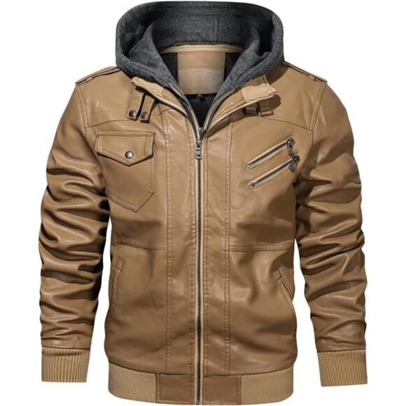 Other - Khaki Beige Faux Leather Motorcycle Bomber Jacket Zip Up Hoodie Removable‎ Hood
